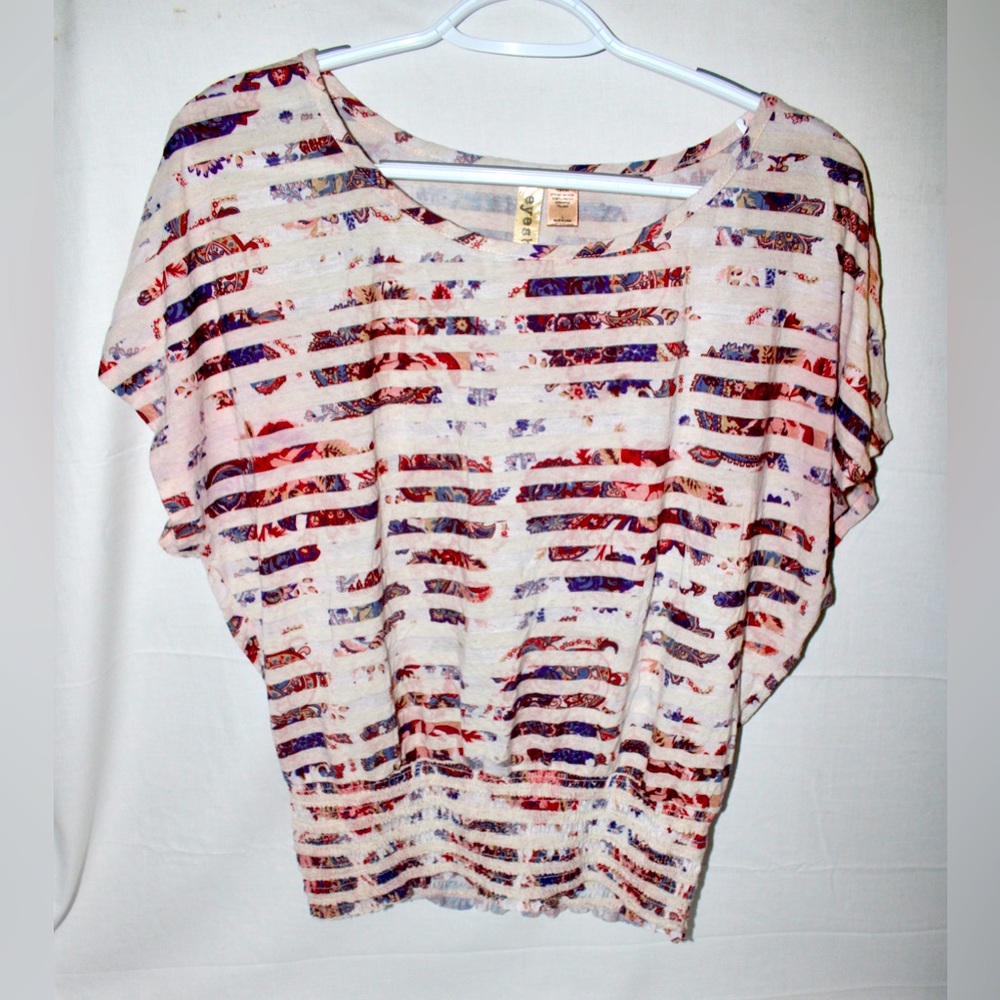 Women’s Eyeshadow Floral Striped Elastic Waste Short Sleeve Top Blouse Size L